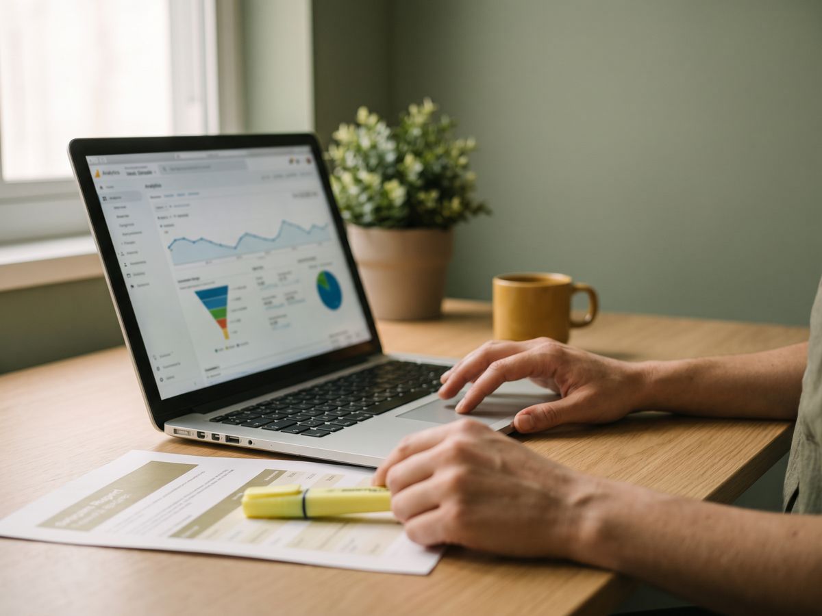 An analytics dashboard open on a laptop beside a marked-up printed report