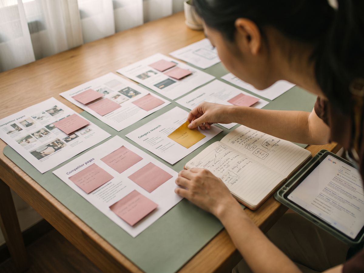 Competitor pages and category research laid out across a desk with sticky notes