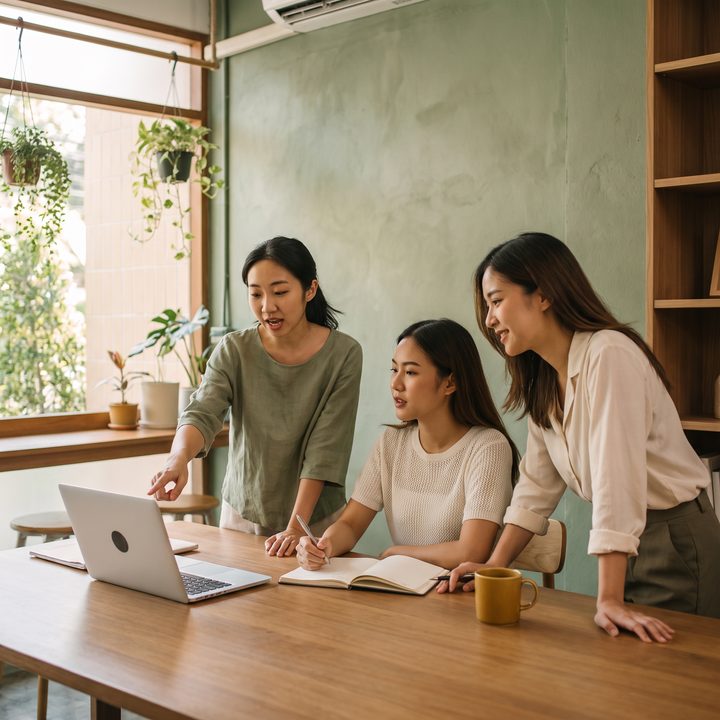 Three Hobbiz strategists working through a client's evidence around a studio table in Bangkok